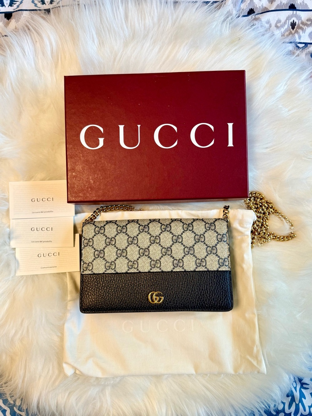 Gucci Beige GG Canvas and Black Leather Chain Crossbody Bag with Gold Hardware